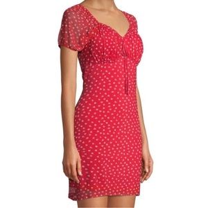 Bright Red Floral Lined Mesh Sweetheart Neck Short Sleeve Mini Sundress Dress